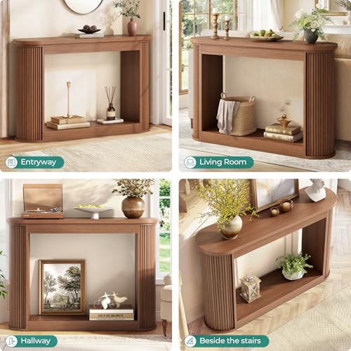 43" Oval Fluted Console Table, Mid-Century Modern Narrow Skinny Entryway Table with Open Storage Shelf, Sofa Table Behind Couch for Hallway Foyer Living Room, Walnut Brown