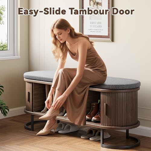 Decofy 47.2'' Entryway Storage Bench Seat with Sliding Door, Large Shoe Bench with Sturdy Metal Feet & Soft Cushion, Multi-Scene Use for Entrance, Bedroom & Living Room(Walnut) - color: Walnut