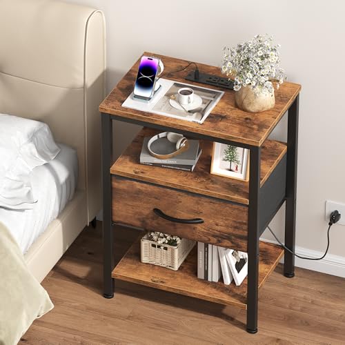 OLIXIS Nightstand with Charging Station, Beside Table with Fabric Drawer | 3-Tier End Table with 2 Storage Shelves,Night Stand with USB Ports and Outlets for Bedroom, Rustic Brown - color: Rustic Brown, size: 15.7"Dx11.8"Wx23.4"H(1 Drawer, 1 Pack)