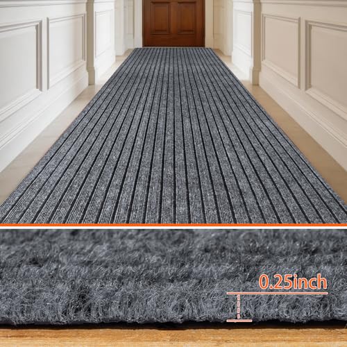 Indoor Outdoor Runner Rug 3 x 10 ft, Gray Non Slip Rubber Backed Floor Runner, Low Profile Area Carpet for Hallway, Kitchen, Entryway, Balcony, Garage, Stairs & Laundry, Stripe - color: Stripe-gray, size: 3ft X 10ft (Runner)