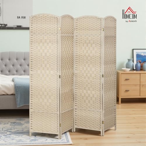 HOMCOM 4 Panel Room Divider 6 Ft Privacy Screen Hand-Woven Washed Oak | Folding PP Wall Partition, Pine Wood Frame, Freestanding Room Separator, Bedroom Home Office, No Assembly - color: Washed Oak, size: 4 Panel