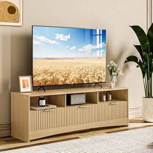 Amada 59" Wide Fluted Storage TV Stand for TVs up to 65", Natural | Elegant fluted wood panels, 3 drawers, 3 open shelves, cable holes, smooth metal slides, wide metal handles, rounded edges