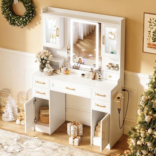 Vanity Desk with Mirror and LED Lights & Power Outlet | Large Makeup Vanity Table with 5 Drawers and 4 Storage Cabinets, White Dressing Table for Bedroom - size: 043 Pure White