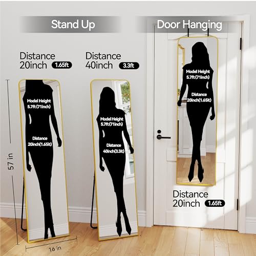 57x16" Full Length Mirror Floor Stand,Over the Door,Wall Mounted Gold | HD Crystal Clear Tempered Glass,Aluminum Frame,Full Body Dressing Make-Up Mirrors Rect Hang for Bedroom,Bathroom,Living Room - color: Gold, size: 57"L x 16"W