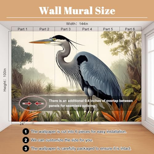 Wall Mural Egret Heron Bird White Painting Blue Audubon Great Animal Water Plants Peel & Stick Wallpaper Removable Self-Adhesive Large Wall Sticker Wall Decor for Bedroom Living Room Nursery 100"x144" - color: Multi8, size: 100"x144"