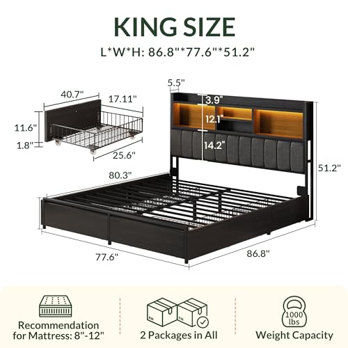 King Bed Frame with 6 Storage Drawers, Bed Frame King Size with Linen Upholstered Headboard, Built in Charging Station and LED, No Noise, Metal Support, No Box Spring Needed,Vintage Black - color: Black and Grey, size: King