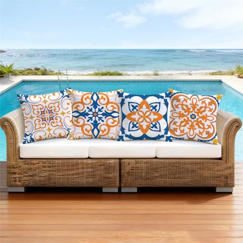 NIGHTWISH Outdoor Waterproof Pillow Covers 16x16 Set of 4 Yellow Boho Decorative Outdoor Throw Pillows Floral Cushion Cases for Patio Furniture Bench Couch Sunbrella - color: Yellow, size: 16" x 16" (Pack of 4)