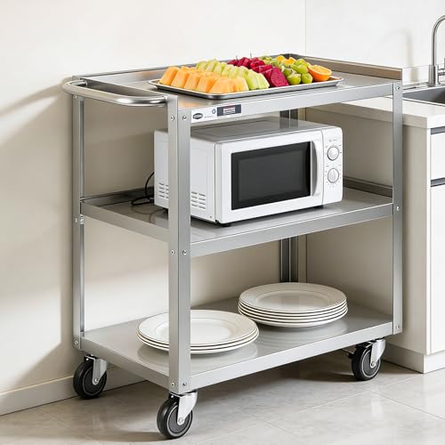 Hally Stainless Steel Utility Cart 3 Tier NSF Rolling Carts 31" Lx19 Wx34 H | Commercial Heavy Duty Metal Mobile Food Cart, with Handle and Wheels, for Kitchen, Restaurant, Hospital, Laboratory and Home - size: 19''x31''x34''