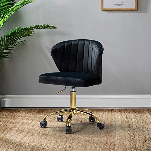 TINA'S HOME Office Desk Chairs with Wheels & Gold Base, Modern Velvet Cute Armless Office Chair, Adjustable Low Back Swivel Rolling Chair, Upholstered Task Chair for Living Room Vanity Study-Black | Modern Velvet Cute Armless Office Chair, Adjustable Low