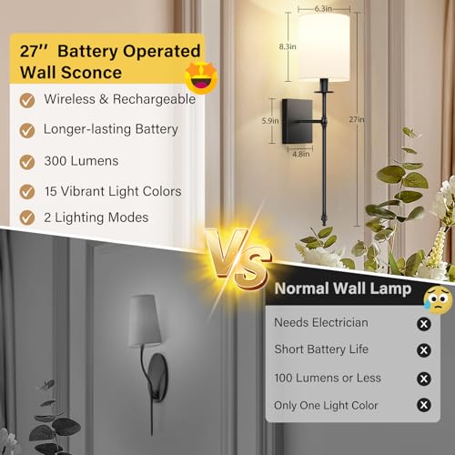 27 Inch Black Battery Operated Wall Sconces Set of 2, Rechargeable Wireless Wall Lights with Remote & White Fabric Shade, Indoor Not Hardwired Dimmable Wall Lamps for Hallway, 2 Bulbs Included - color: Black and White, size: 27 inch