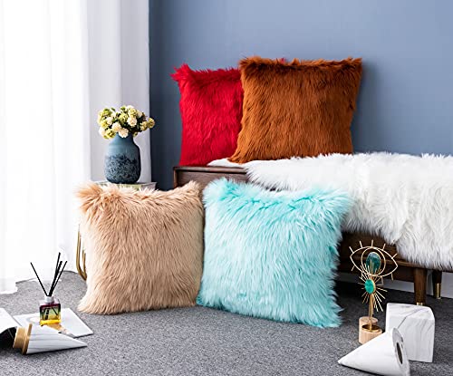 LIGICKY Luxury Series Teal Fluffy Faux Fur Throw Pillow Cover Decorative Soft Fuzzy Plush Square Pillow Case Cushion Cover for Couch Sofa Bed, 18" x 18" Blue - color: Light Turquoise, size: 18" x 18" (Pack of 1)