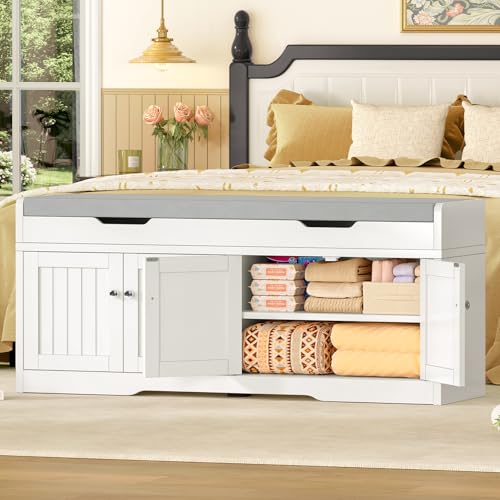 3-Tier Storage Bench, 47.2" Wide Shoe Bench with Lift Top Storage & 2 Adjustable Shelves, Entryway Bench with Padded Seat Cushion, Shoe Cabinet Bench for Entryway, Living Room, Bedroom (White) - size: 13.78"D x 47.2"W x 19.7"H
