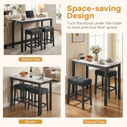 COSTWAY 3-Piece Wooden Bar Table Set with Charging Station | Modern Counter Height Table, Faux Marble Top, 2 Padded Stools, Console Table Set for Living Room, Kitchen, Dining Room, White - color: White