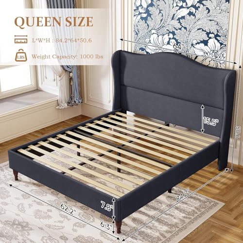 koorlian Upholstered Bed Frame with 51" Tall Headboard, Queen/ Dark Navy | Reinforced Platform Bed, Easy Assembly, Soft Fabric, Sleigh Wingback, Solid Wood Retro Legs, Noise-Free, Classic & Simple - color: Dark Navy, size: Queen