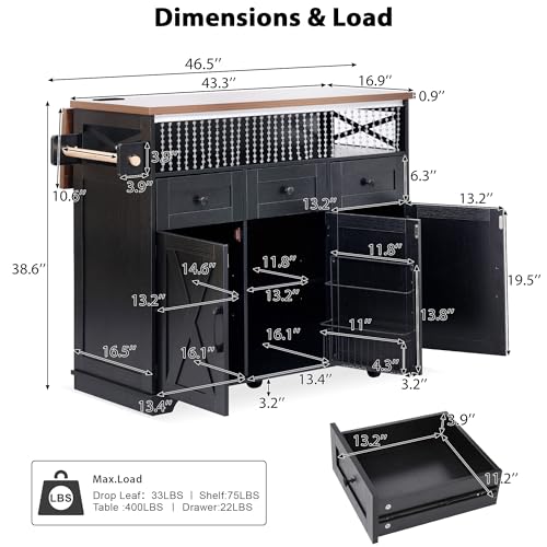 46.5'' Farmhouse Kitchen Island with Charging Station, Drop Leaf & Bead Drape - Mobile Rolling Cart, Ample Storage, Rustic Wood Grain Countertop for Compact Spaces (Black+Brown) - color: Black+brown)
