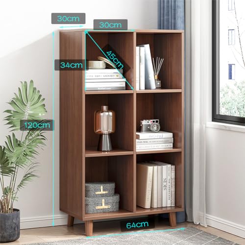 IOTXY Open Cubes Low Bookcase - 3-Tier 6-Cube Short Bookshelf in Walnut | Nordic Minimalist Style, MDF Material, Solid Wood Legs, Deep Storage Cubes, Free Standing Wooden Cabinet Organizer Unit - color: Walnut, size: 3-Tier 6-Cubes
