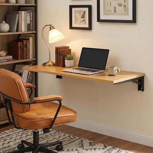 Need 47x20 Inch Wall Mounted Folding Table for Office Laundry Teak | Black Frame Fold Down Wall Mount Desk Folding Wall Table for Small Apartment, Garage&Ironing Station - color: Teak Color Desktop & Black Folding Brackets, size: L47.2" * W20"