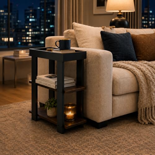 3-Tier Narrow Side Table with Tray Top,Slim Side Table,Rustic Brown | Rustic Farmhouse Narrow End Table with Storage, Modern Slim Table Nightstand for Small Spaces, Bedroom or Living Room - color: Rustic Brown