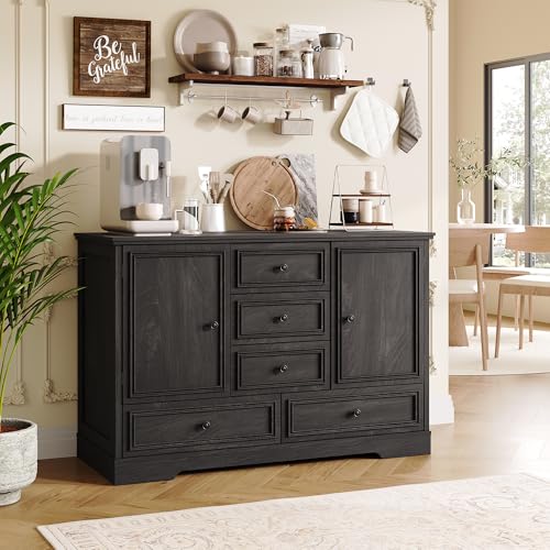 GarveeHome 47" Farmhouse Sideboard Buffet Cabinet,Sideboard Storage Credenza with 5 Drawers and 2 Doors,Wood Coffee Bar Cabinet,Buffet Table for Dining Room Living Room,Black01 - color: Black01