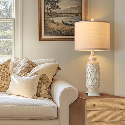 28" Table Lamps for Living Room Set of 2, Farmhouse Lamps for Bedroom with USB Ports, 3-Way Dimmable Nightstand Table Lamp (Bulbs Included) - color: 2.Beige