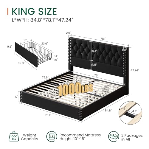 Bed Frame King Size with 4 Storage Drawers and Tufted Headboard Velvet Upholstered Platform Bed Frame with Heavy Duty Wood Slats,No Box Spring Needed,Easy Assembly,Black - color: Black, size: King
