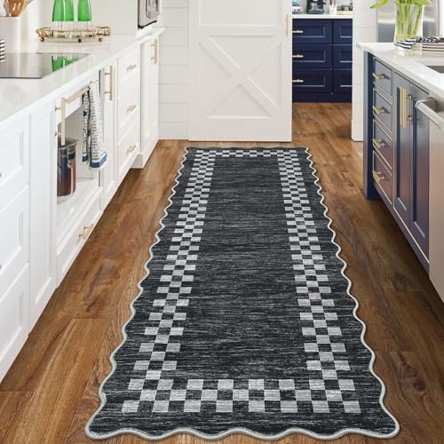 GarveeHome Hallway Runner Rug 2x6 Non Slip Scalloped Washable Kitchen Rug | Entry Stain Resistant Modern Border Throw Floor Carpet Long Runner Mat for Bathroom Living Room Bedside, Grey - color: Scalloped Dark Grey, size: 2' x 6' (Runner)