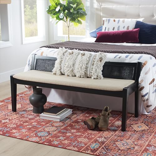 Powell Kasi Black Low Back Cane Bench with Beige Upholstered Seat - color: Black