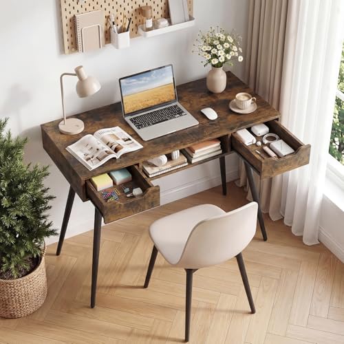 GIANTEX Mid Century Modern Computer Desk with Drawers, 42.5" Writing Desk with Open Storage Cubby, Vanity Table with Metal Leg, Compact Wooden Study Table for Small Spaces Home Office (Rustic Brown) - color: Rustic Brown