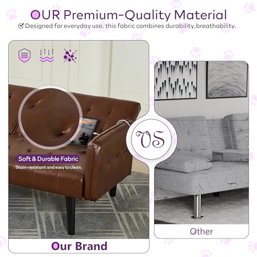 65'' Convertible Futon Sofa Bed with USB, Small Couch for Living Room | Sleeper Sofa and Loveseat, Adjustable Folding Couch with Tufted Design and 2 USB Ports, Bedroom Apartment Office, Brown - color: Brown