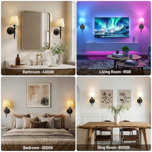 Battery Operated Wall Sconces Set of 2, Wireless Rechargeable Wall Lights with 12 RGB Colors and 3CCT Dimmable, Small Fabric LED Wall Lamps for Bedroom, Living Room, Hallway, Black - color: Black