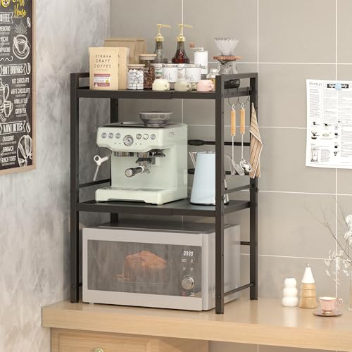DOLALIKE Microwave Oven Rack, Expandable Microwave Stand Countertop Kitchen Utensils Tableware Storage, Carbon Steel Over Microwave Shelf Countertop with 3 Hooks | Adjustable Microwave Oven Rack Metal Storage Shelf with 3 Hooks for Pans Small Appliances K