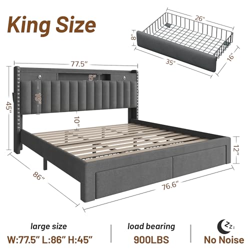 CypBed King Size Bed Frame with 4 Storage Drawers and Headboard & Dark Grey | Upholstered Platform King Bed Frame , 3 USB & Type-C Charging Ports, Solid Wood Slats, No Box Spring Needed, No-Noise - color: Grey, size: King