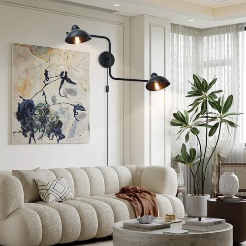 Adjustable Black Swing Arm Wall Sconce, 2-Light Plug in Wall Lamps with ON/Off, Rotatable Metal Dome Shades Wall Mount Lighting Fixture for Living Room Bedroom Study - color: Black-B 2-Lights