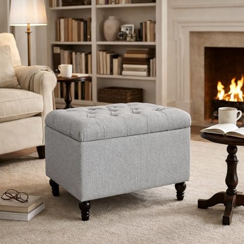Spatial Order 24" Button Tufted Storage Ottoman - Pewter Gray - color: Light Linen Gray