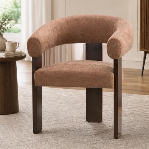 Modern Accent Chair, Barrel Armchair, U-Shaped Backrest, Brown | Barrel Accent Chair, Upholstered Arm Chair, Ergonomic Curved Back, Soft Chenille, Solid Wood Legs, Living Room, Bedroom - color: Brown