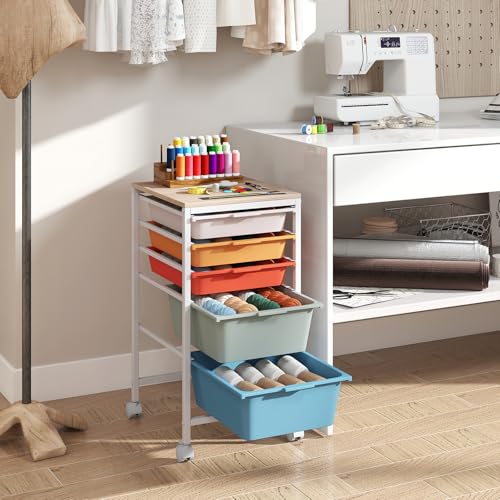 RELAX4LIFE 5-Drawer Rolling Storage Cart - Mobile Art Supply Craft Organizer on Wheels w/Wooden Tabletop & Metal Frame, Utility Storage Cart for Home Living Room Office Classroom (Macaron, 25”H) - color: Macaron, size: 25”H