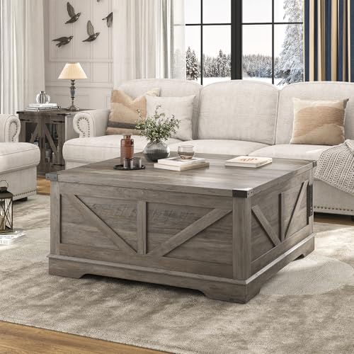 Hlivelood 40” Large Farmhouse Lift Top Coffee Table with Power Outlets and Large Hidden Storage, Square Wood Living Room Tables, Multi-Function Lift Wooden Barn Door Center Table, Grey - color: Grey