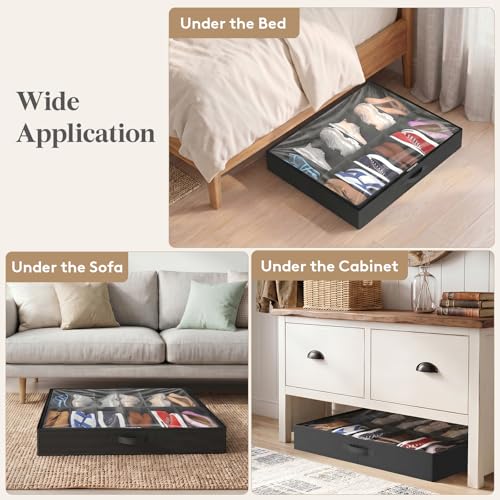 Lifewit Under Bed Shoe Storage Organizer 2 Pack(12 Shoes Cells), 4.3 Inches Profile Fabric Shoes Container Box with Clear Cover, Foldable Storage Bag with 2 Handles, Fits 12 to 24 Pairs - style: 12 Shoes Cells