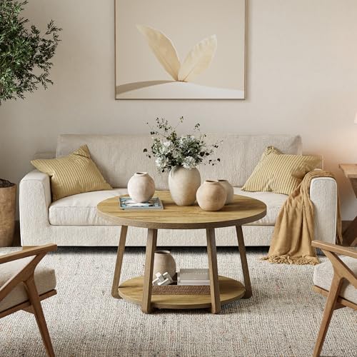 LITTLE TREE Round Coffee Table, 2-Tier Center Table with Storage | Wooden Legs, 31.5 Dia. x 19.6 H Inches, Easy Assembly, Circle Coffee Tables for Living Room, Bedroom - color: Oak