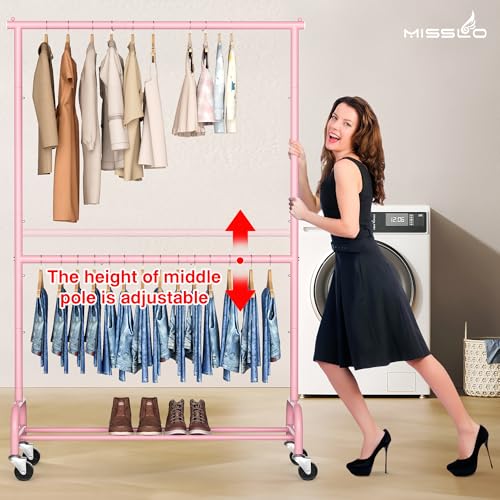 MISSLO Heavy Duty Clothing Racks for Hanging Clothes Rack Double Rod Garment Rack Rolling Closet Wardrobe Rack on Wheels, Metal, Adjustable (Pink) - color: Pink