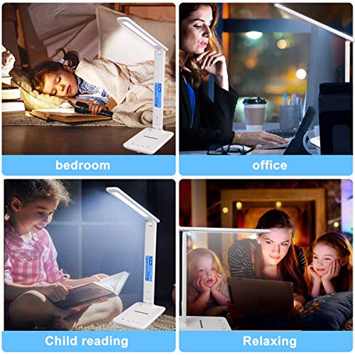 LED Desk Lamp with Wireless Charger, Suitable for Home, Office Dimmable, with USB Charging Port, Built-in Clock, Calendar, Thermometer and Automatic Timing Reading Desk Lamp. - color: White