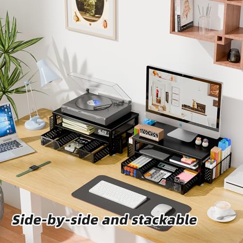 Simple Trending 2-Tier Monitor Stand Riser, Desk Organizer, Drawer, Black | Laptop & Printer Stand, Desktop Organizer, Drawer & 2 Pen Holders, Sturdy Material, for Home Office, 16"W x 10"D x 5.8"H - size: 16"W x 10"D x 5.8"H