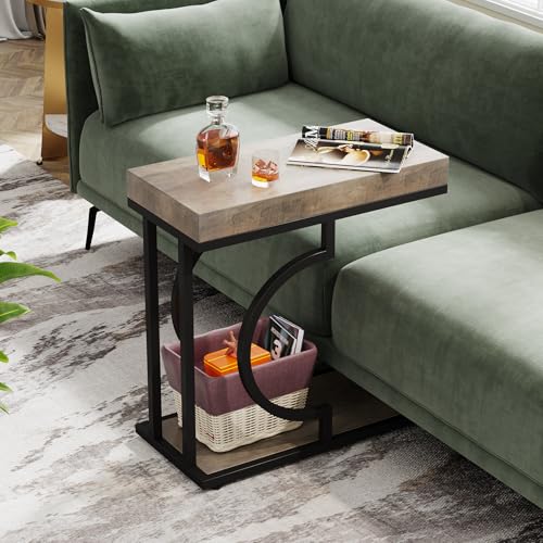 Tribesigns Narrow Side Table C Shaped End Table Modern Bedside Tables for Couch, Small Sofa Chairside Tables with Metal Frame for Living Room (2, Gray+Black) - color: Gray+black