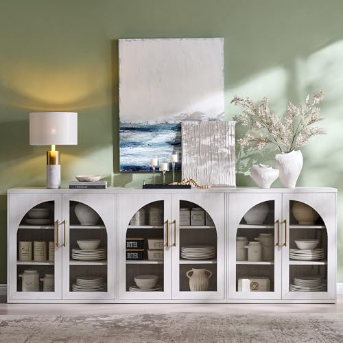 Glass Arched Door Sideboard Buffet Cabinet Set of 2, White | Modular, Multi-Compartment Storage, Adjustable Shelf, Soft Close Hinges, Freestanding, for Dining Room, Living Room - color: White