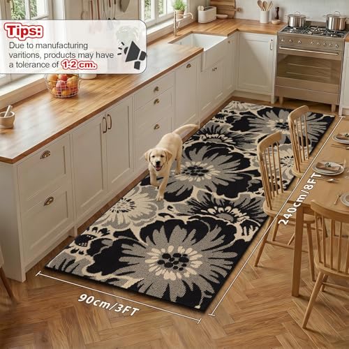 Findosom Hallway Runner Rug 3x8, Non Slip High-Low Textured Floral Washable Runner Rug with Rubber Backing, Boho Carpet Runner for Kitchen, Entryway, Bedroom, Laundry, Black & Beige - color: Black/Beige, size: 3' x 8'
