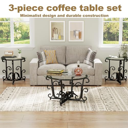 Glass Coffee Table Set of 3 — 31.5" Round Nesting Coffee Table with 2 End Tables, Tempered Glass Top & Wrought Iron Scroll Frame for Living Room, Apartment, Patio, Sunroom