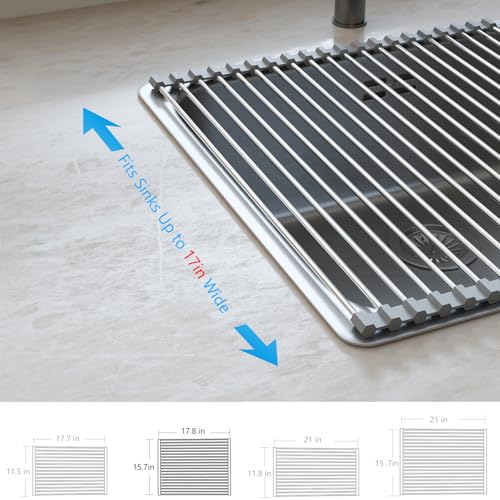 Tomorotec Roll Up Dish Drying Rack Over Sink, SUS304 Steel, 17.8x15.7,Gray | Heat Resistant to 550°F With Non-Slip Silicone Grips, Multipurpose Trivet for Hot Pots, Dishwasher Safe - size: 17.8" x 15.7"