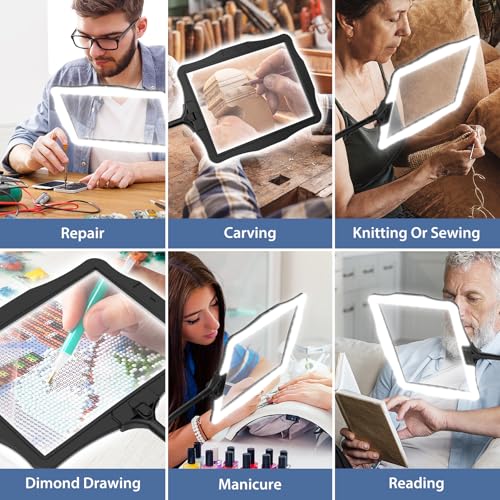 Magnifying Glass w/Light for Seniors Elderly Reading Full Page Diamond Painting, Magnifier w/Dimmable LED Desktop Lamp, Hands Free Magnifier for Crafts Arts Sewing Close Work
