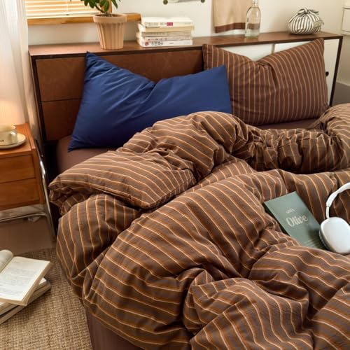 Striped Duvet Cover King Size Brown Stripes Bedding Set 3 Pieces Retro Vertical Stripe Soft Lightweight Microfiber Comforter Cover Set with Zipper Closure and 2 Pillowcases - color: Brown, size: King(1 Duvet Cover + 2 Pillowcases)