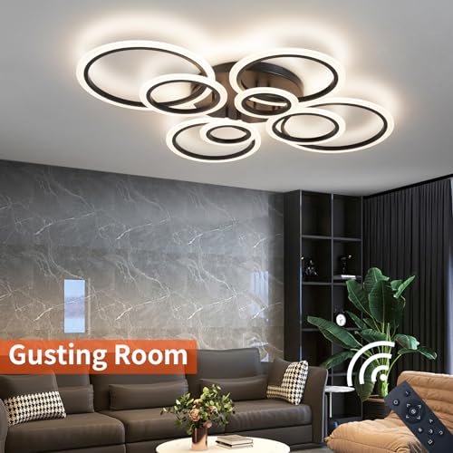 Shine LUEST Modern Ceiling Light, 41.3'' Dimmable LED Black Flush Mount Ceiling Lights with Remote Acrylic Round Ceiling Lamp Fixture for Low Ceiling Bedroom Living Room Dining Room, 108W - color: Black, 8 Rings